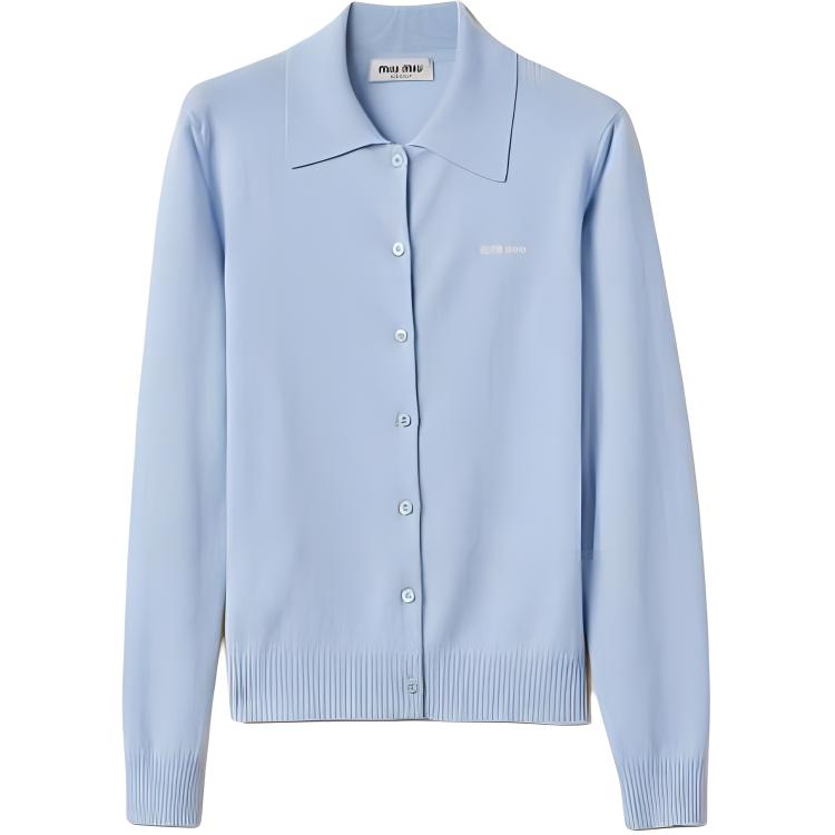 (Women) MIU MIU  Light Blue Letter Print Knit Cardigan Long Sleeve Sweater. MMF890-13S1-F0012-S-OOO