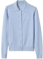 (Women) MIU MIU Light Blue Letter Print Knit Cardigan Long Sleeve Sweater. MMF890-13S1-F0012-S-OOO (Women) MIU MIU Light Blue Letter Print Knit Cardigan Long Sleeve Sweater. MMF890-13S1-F0012-S-OOO