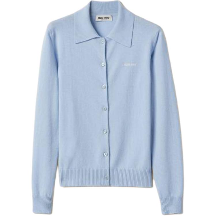 Order (W) MIU MIU Kardigan Rajut Lengan Panjang Cetak Huruf Biru Muda. MMF890-13S1-F0012-S-OOO