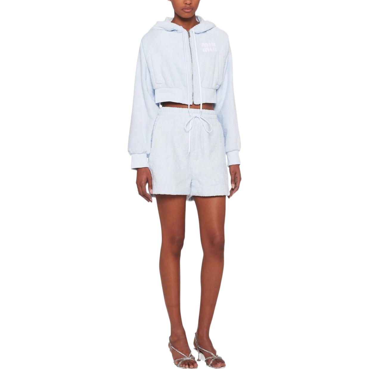 Lookbook (W) MIU MIU Pantalones Cortos Casual Azul Claro con Logo Bordado y Cordón. MJP27-4H39-F0012