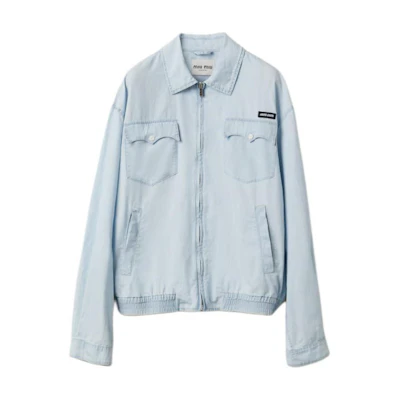 (Women) MIU MIU Light Blue Loose Fit Logo Zip-Up Jacket. GWB205-14UT-F0076-S-OOO