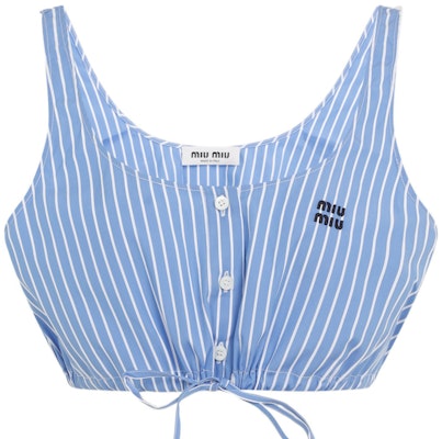 (W) MIU MIU Blaus Biru Muda Tanpa Lengan dengan Sulaman Logo. MT1956-15PI-F0013-S-OOO Order (W) MIU MIU Blaus Biru Muda Tanpa Lengan dengan Sulaman Logo. MT1956-15PI-F0013-S-OOO