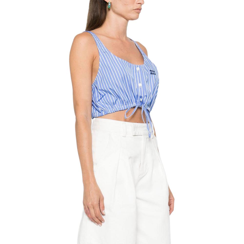 Details for (W) MIU MIU Blaus Biru Muda Tanpa Lengan dengan Sulaman Logo. MT1956-15PI-F0013-S-OOO