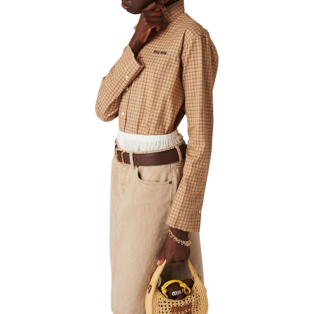 Purchase (W) MIU MIU Kemeja Kelabu Kotak Sulam Logo Butang-Up MK1842-142L-F0065-S-OOO