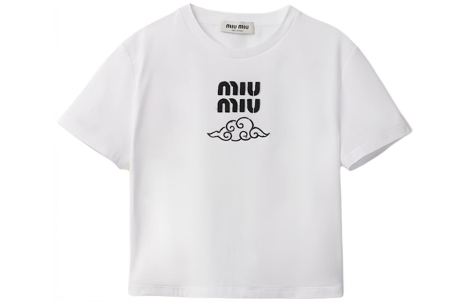(Women) MIU MIU  Logo Embroidered Cloud Short Sleeve Oversized Crop T-Shirt MJN483-14ER-F0009-S-WM1