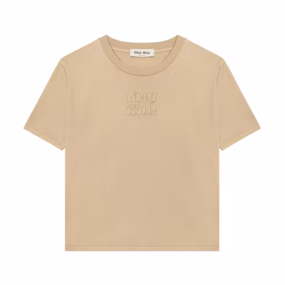 (Women) MIU MIU Logo Embroidered Crew Neck Short Sleeve T-Shirt Khaki MJN467S23-1137L-F0627