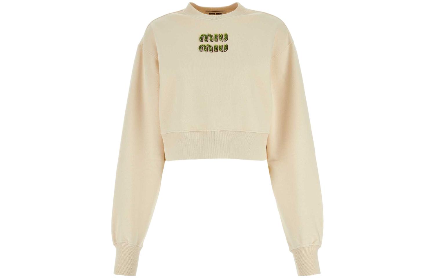 Order (W) MIU MIU Logo Bordir Crewneck Lengan Panjang Sweatshirt Off-White. MJL984-14AQ-F066V