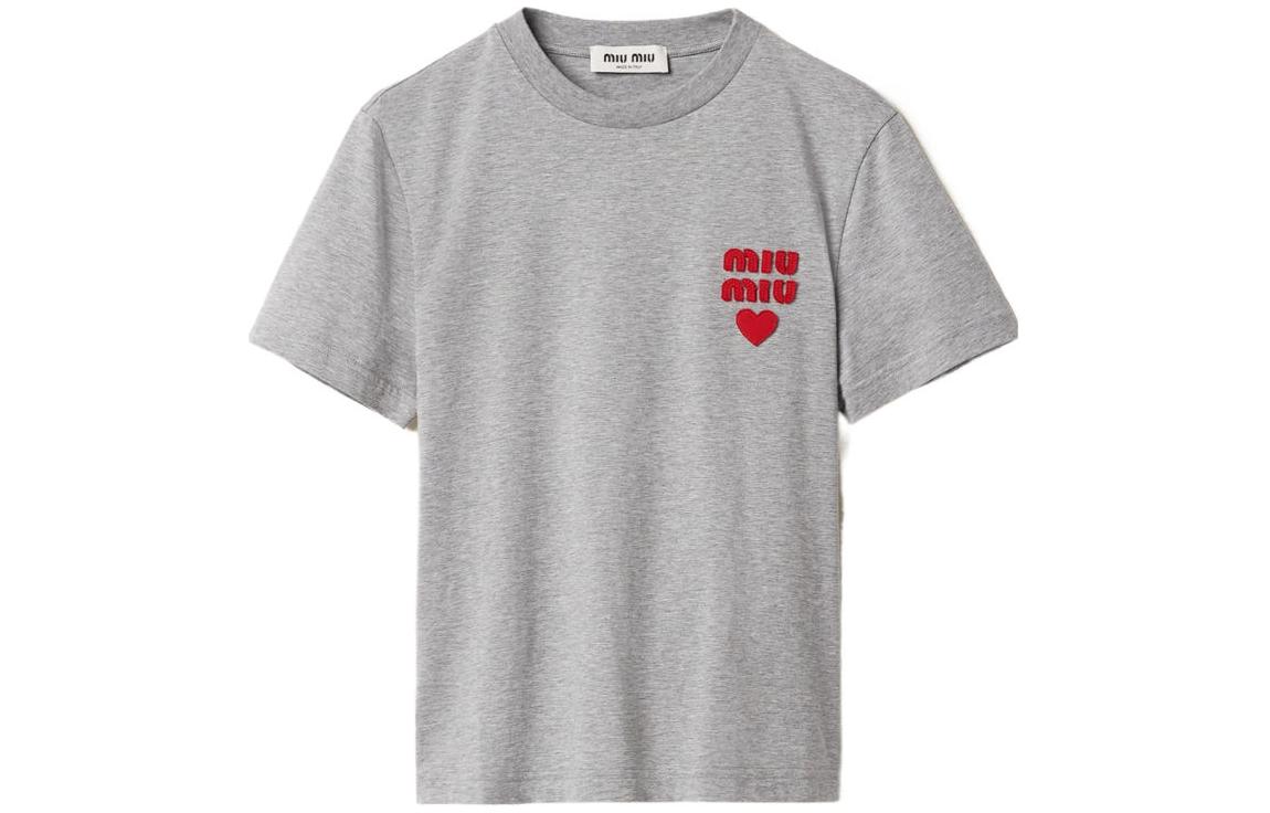 (Women) MIU MIU  Logo Embroidered Crewneck T-Shirt Grey SS24. MJN499-13VL-F0031-S-WMO