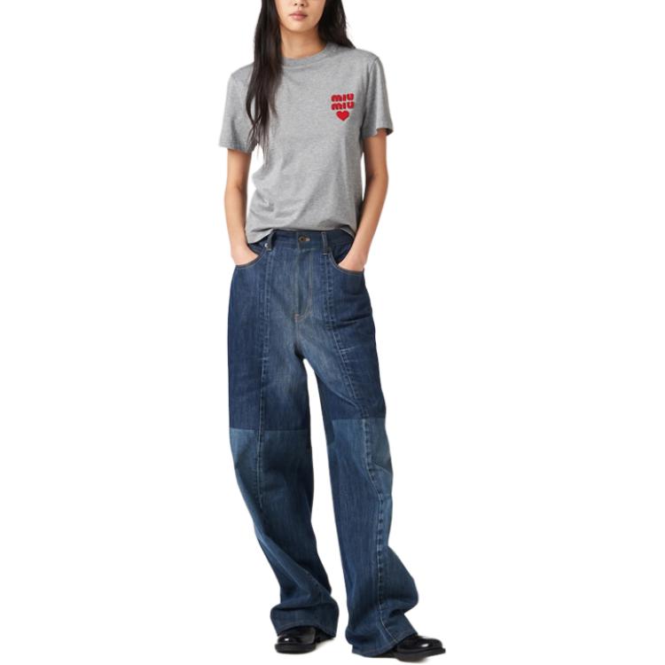 Lookbook (W) 缪缪标志刺绣灰色圆领T恤 SS24 MJN499-13VL-F0031-S-WMO