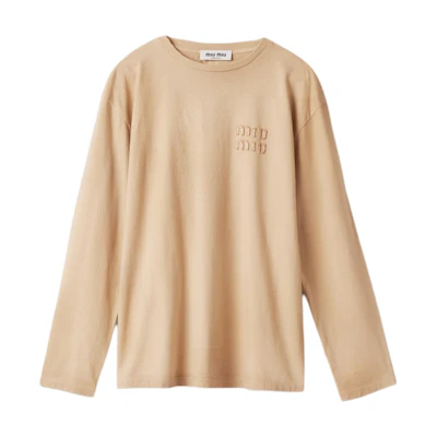 (Women) MIU MIU Logo Embroidered Loose Fit Long-Sleeve T-Shirt in White. MJL017-14RR-F0627-S-OOO