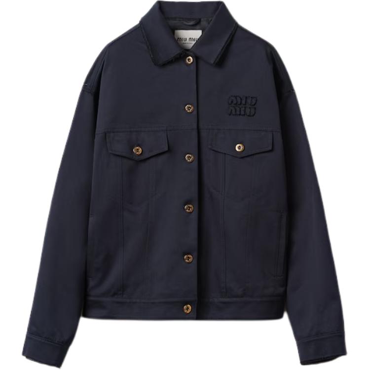 (Women) MIU MIU  Logo Embroidered Navy Blue Long Sleeve Fitted Jacket. ML1063-1UPX-F0008-S-OOO