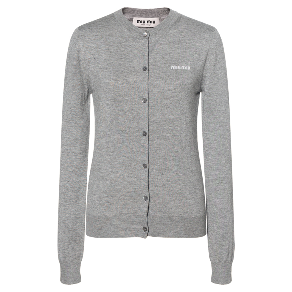 (Women) MIU MIU  Logo Print Button-Up Knit Cardigan Gray Green. MMF878-13KW-F0031