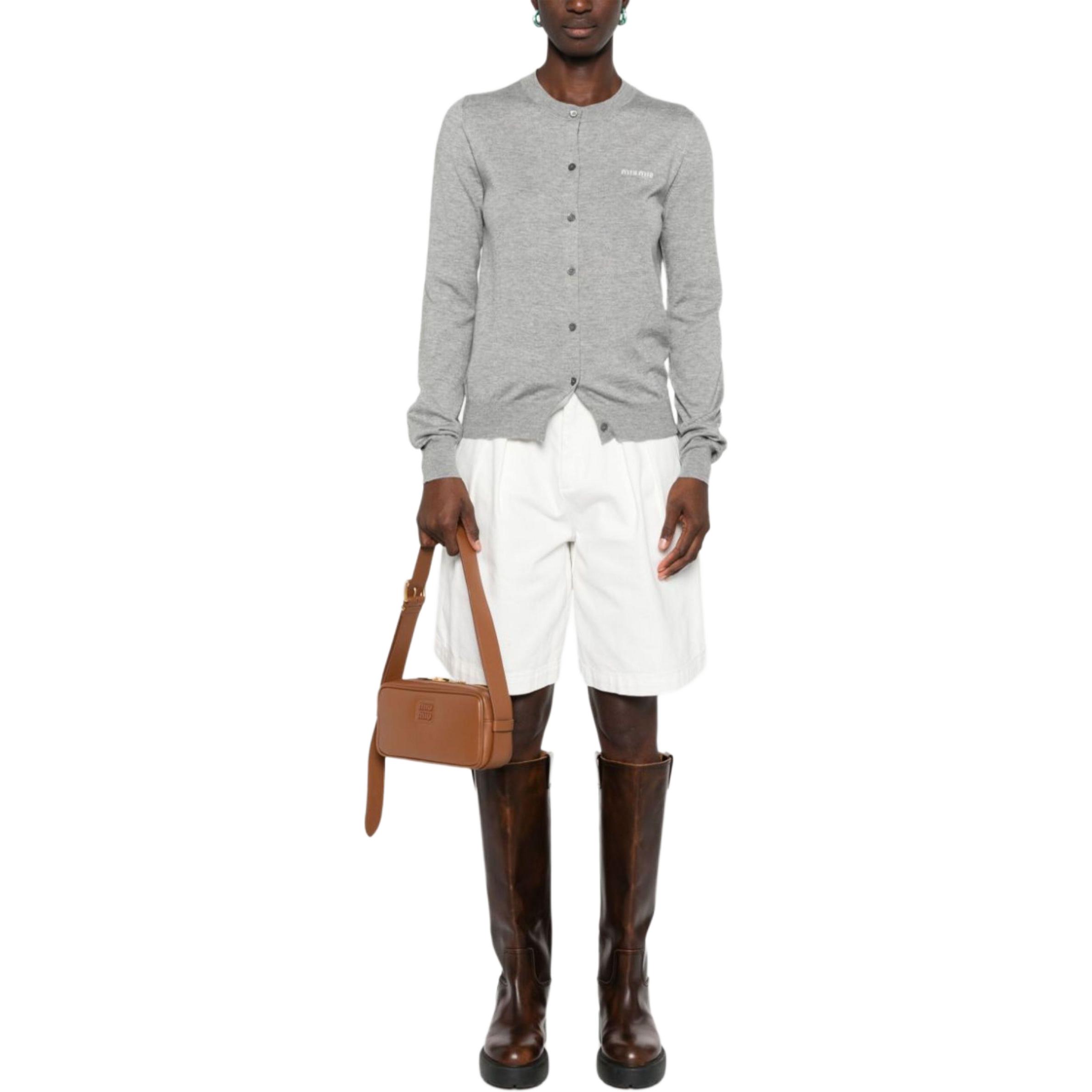 Shop (W) MIU MIU Kardigan Knit Butang Logo Cetak Kelabu Hijau. MMF878-13KW-F0031