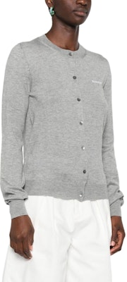 (W) MIU MIU Kardigan Knit Butang Logo Cetak Kelabu Hijau. MMF878-13KW-F0031 Details for (W) MIU MIU Kardigan Knit Butang Logo Cetak Kelabu Hijau. MMF878-13KW-F0031