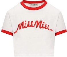 (Women) MIU MIU Logo Print Short Sleeve Cropped T-Shirt White - SS24. MJN520-14ES-F0970 (Women) MIU MIU Logo Print Short Sleeve Cropped T-Shirt White - SS24. MJN520-14ES-F0970