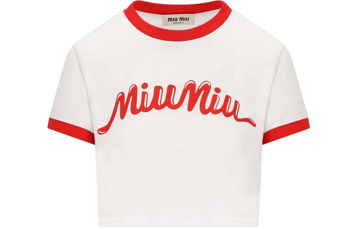 Order (Women) MIU MIU  Logo Print Short Sleeve Cropped T-Shirt White - SS24. MJN520-14ES-F0970