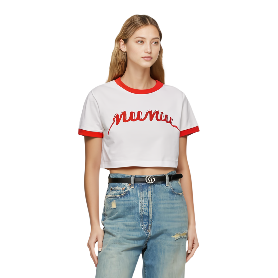 Shop (Women) MIU MIU  Logo Print Short Sleeve Cropped T-Shirt White - SS24. MJN520-14ES-F0970