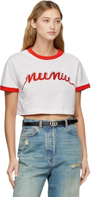 (Women) MIU MIU Logo Print Short Sleeve Cropped T-Shirt White - SS24. MJN520-14ES-F0970 Shop (Women) MIU MIU Logo Print Short Sleeve Cropped T-Shirt White - SS24. MJN520-14ES-F0970