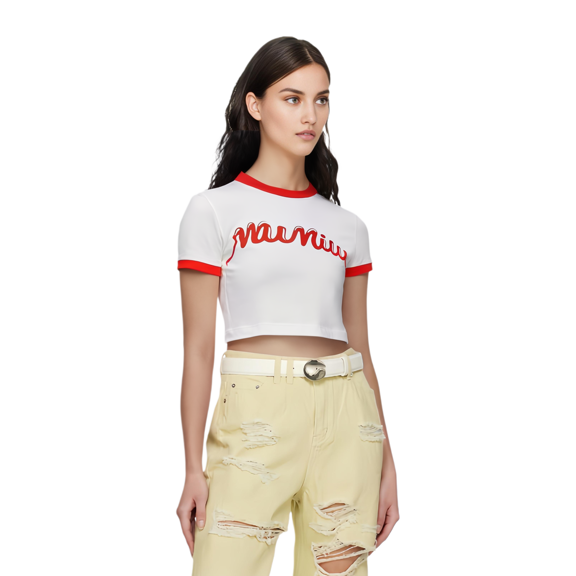 Purchase (Women) MIU MIU  Logo Print Short Sleeve Cropped T-Shirt White - SS24. MJN520-14ES-F0970