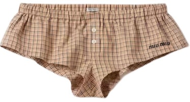 (Women) MIU MIU Low-Waist Plaid Elastic Shorts in Khaki. SP9444-142L-F0065-S-OOO (Women) MIU MIU Low-Waist Plaid Elastic Shorts in Khaki. SP9444-142L-F0065-S-OOO