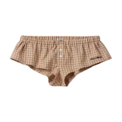 (Women) MIU MIU Low-Waist Plaid Elastic Shorts in Khaki. SP9444-142L-F0065-S-OOO