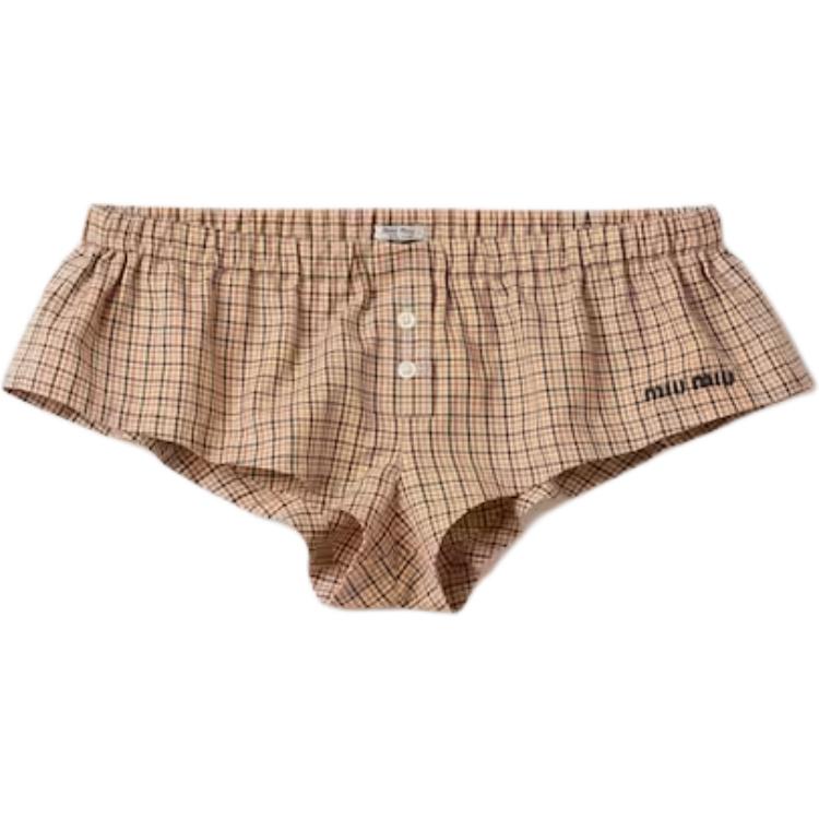 Order (W) MIU MIU Shorts Elásticos de Tiro Bajo a Cuadros en Caqui. SP9444-142L-F0065-S-OOO