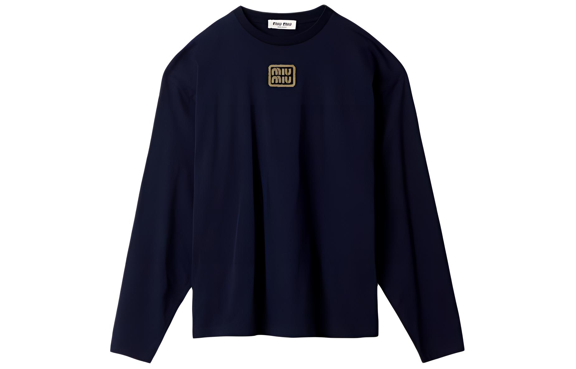 (Women) MIU MIU  Navy Blue Logo Print Long Sleeve Oversized Fit T-Shirt. MJL862-14ER-F0124-S-232