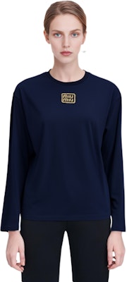 (W) MIU MIU Camiseta Oversized Azul Marino con Logo y Manga Larga. MJL862-14ER-F0124-S-232 Lookbook (W) MIU MIU Camiseta Oversized Azul Marino con Logo y Manga Larga. MJL862-14ER-F0124-S-232