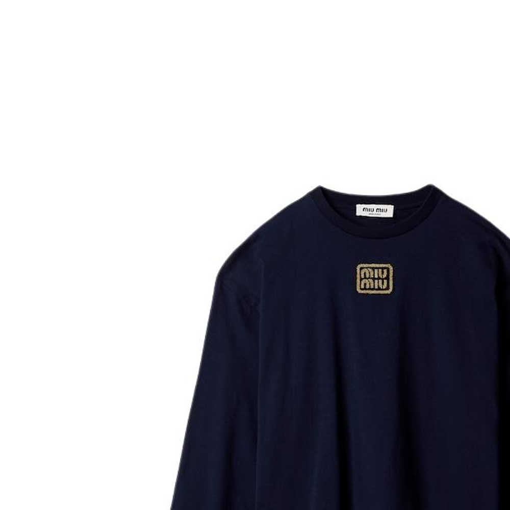 Shop (W) MIU MIU Camiseta Oversized Azul Marino con Logo y Manga Larga. MJL862-14ER-F0124-S-232