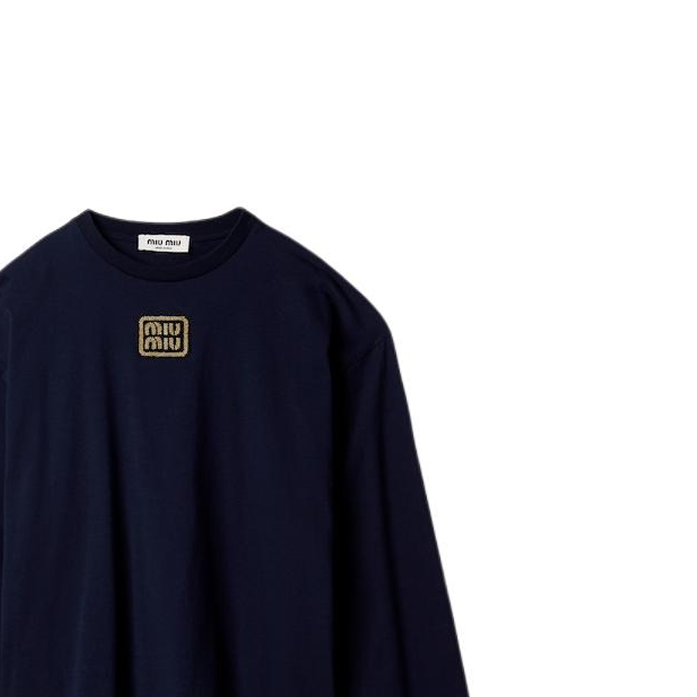 Sizing (W) MIU MIU Camiseta Oversized Azul Marino con Logo y Manga Larga. MJL862-14ER-F0124-S-232