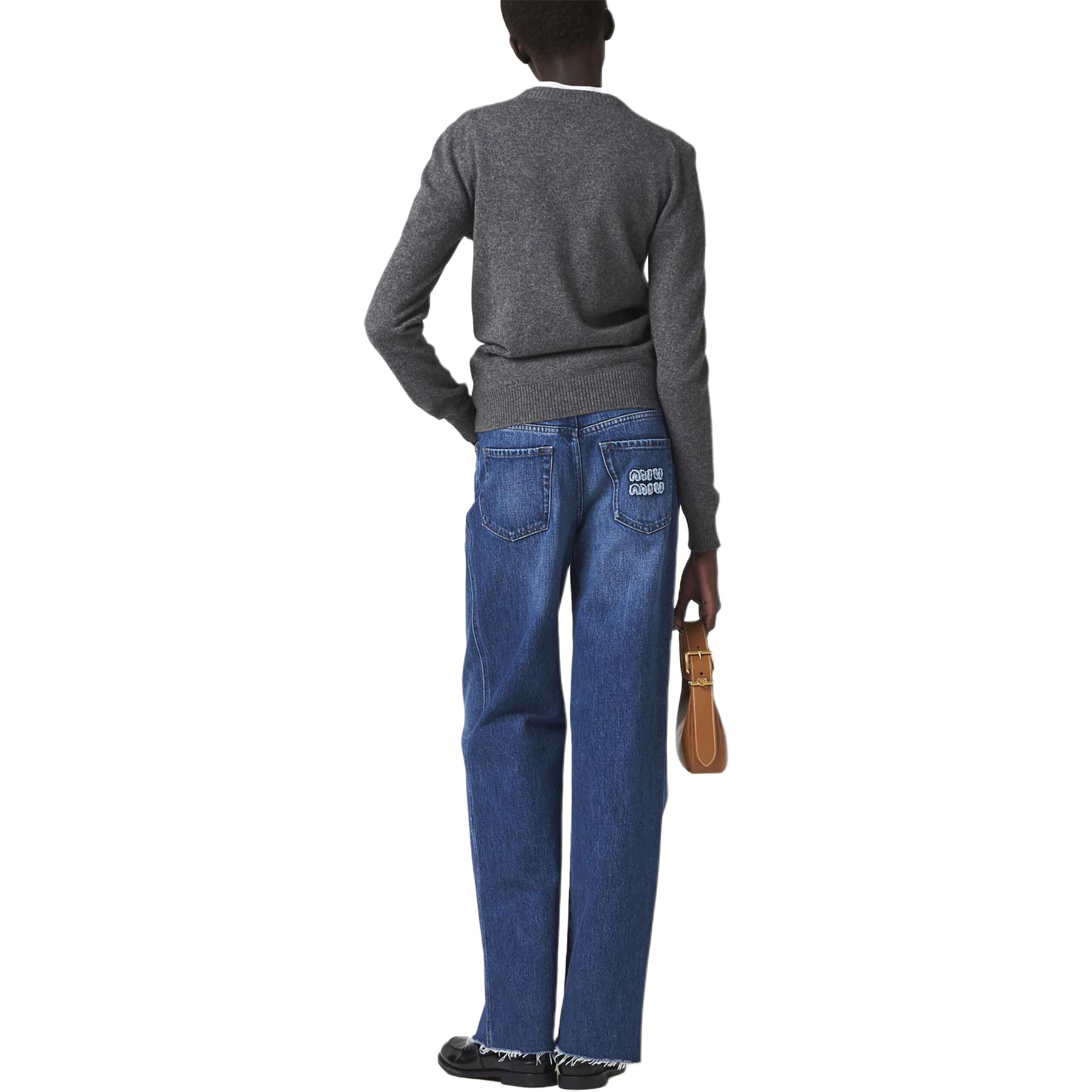 Shop (W) MIU MIU Jeans Biru Navy Low-Waist Lurus dengan Logo Bordir. GWP435-10BF-F0008-S-OOO