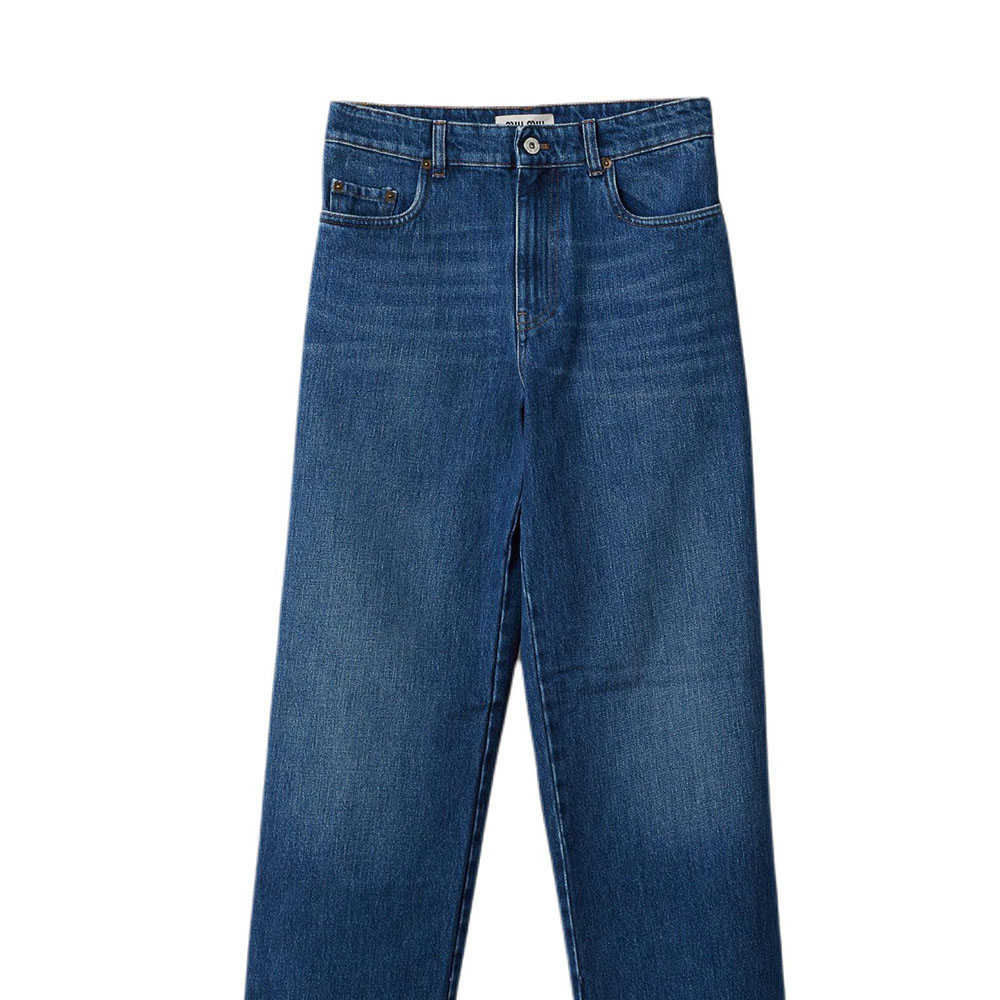 Sizing (W) MIU MIU Jeans Biru Navy Low-Waist Lurus dengan Logo Bordir. GWP435-10BF-F0008-S-OOO