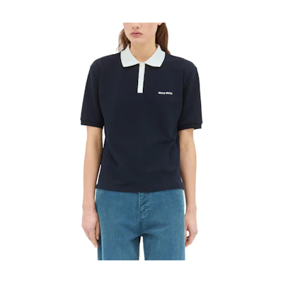 (Women) MIU MIU Navy Blue Short Sleeve Polo Shirt with Logo Embroidery. MJN559-14RW-F0008