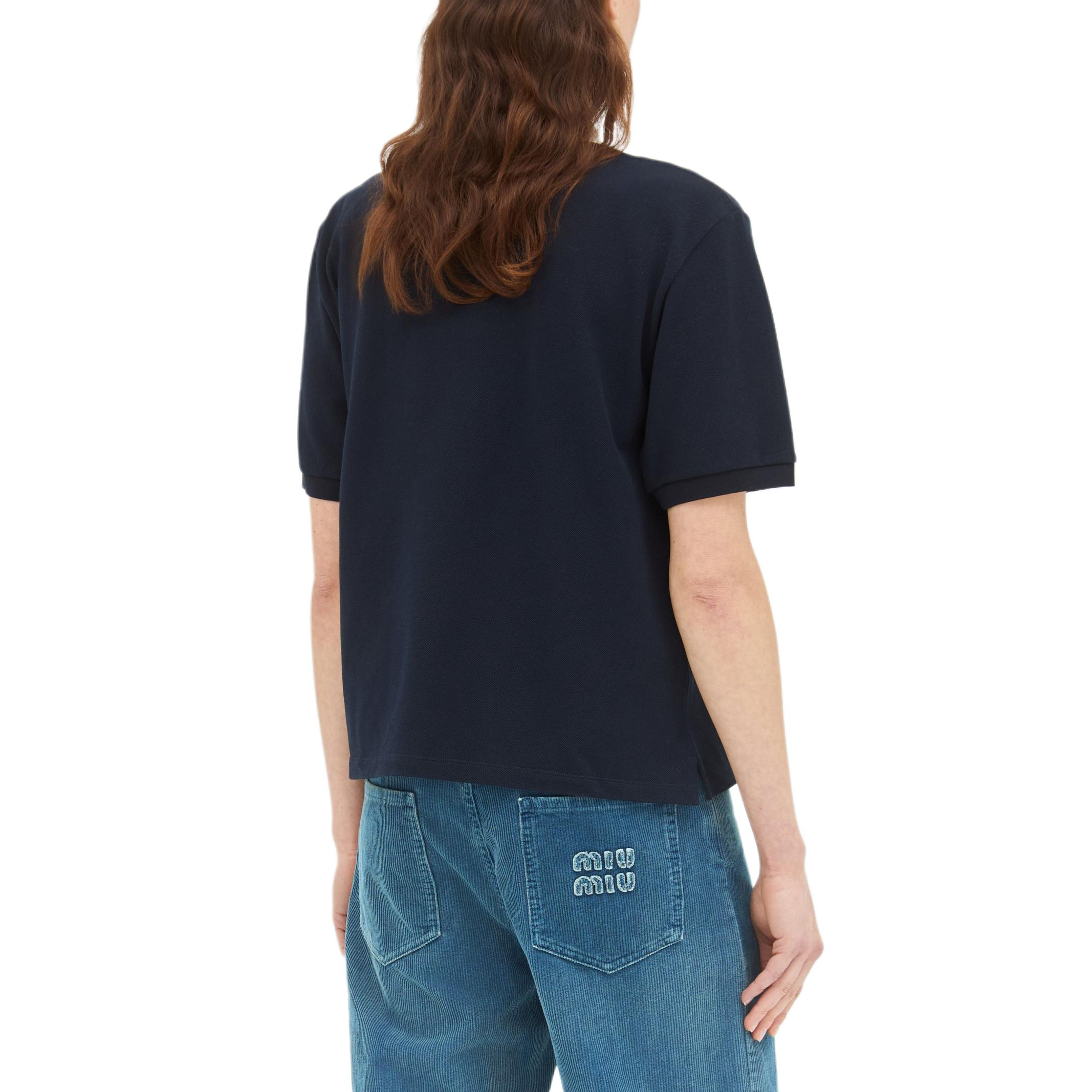 Lookbook (W) MIU MIU Baju Polo Lengan Pendek Biru Navy dengan Sulaman Logo. MJN559-14RW-F0008