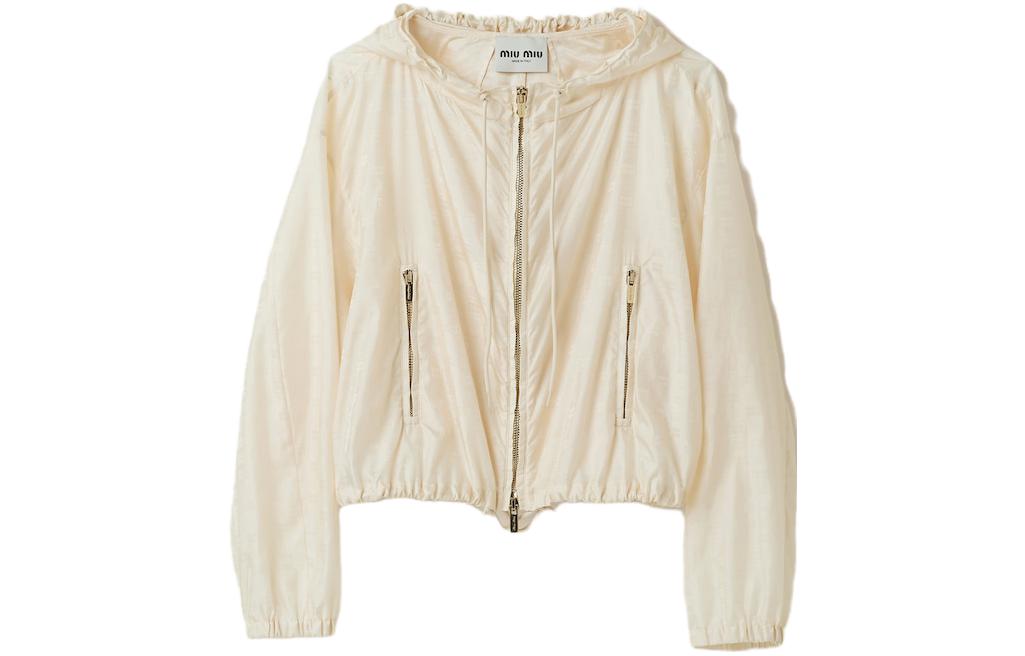 (Women) MIU MIU  Nylon Hooded Zip-Up Jacket Ivory White Long-Sleeve Outerwear ML945-1VH5-F0304