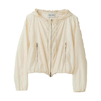 (Women) MIU MIU Nylon Hooded Zip-Up Jacket Ivory White Long-Sleeve Outerwear ML945-1VH5-F0304