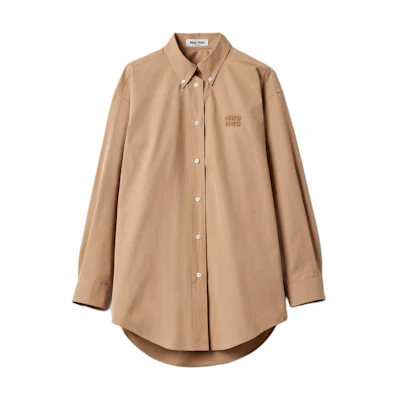 (Women) MIU MIU Oversized Long Sleeve Khaki Shirt with Embroidered Logo. MK1626-10RG-F0241-S-AM1