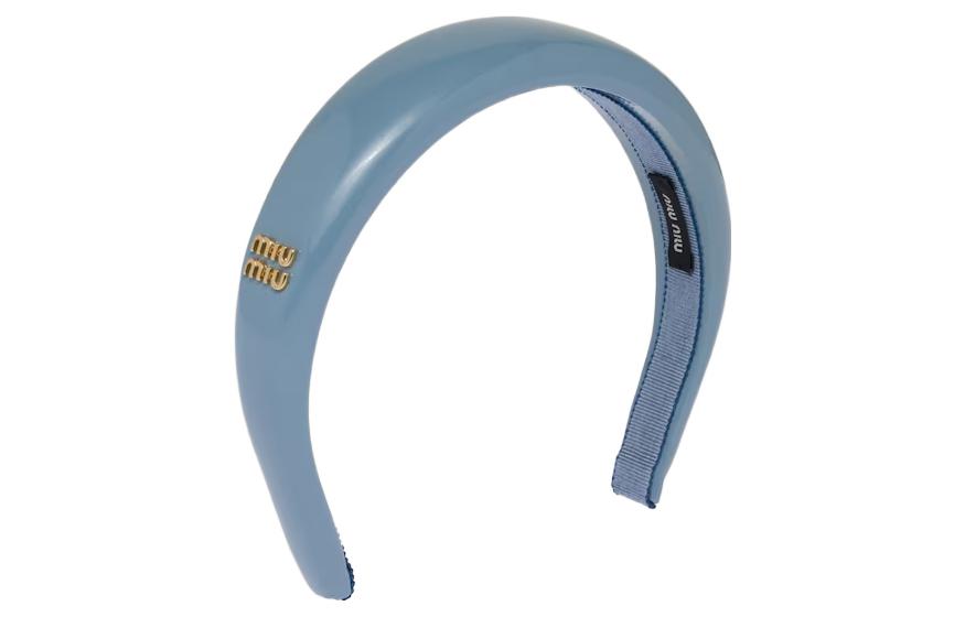 (Women) MIU MIU  Patent Leather Headband with Logo in Galactic Blue. 5IH025_069_F0637