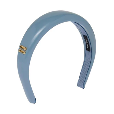 (Women) MIU MIU Patent Leather Headband with Logo in Galactic Blue. 5IH025_069_F0637