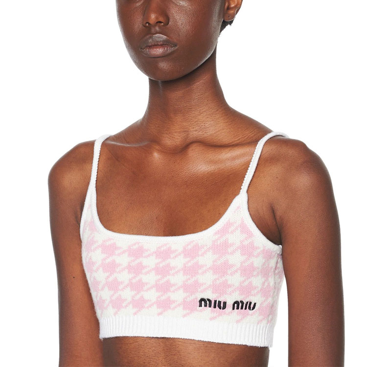 Shop (W) ミュウミュウ ピンクハウンドトゥースロゴ刺繍ショートキャミソール MMV033-11UX-F0AY1