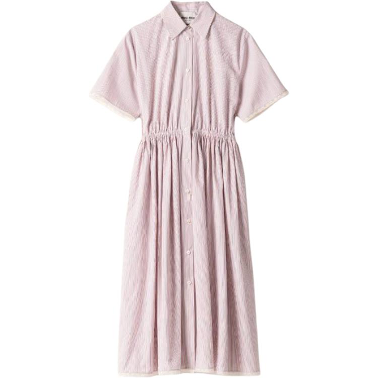 (Women) MIU MIU  Pink Lace Trim Collared Midi Short Sleeve Dress. MF5400-15AK-F0J3D-S-OOO