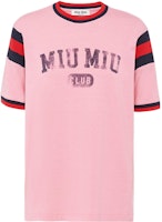 (Women) MIU MIU Pink Logo Print Striped Detail Crew Neck T-Shirt SS22. MJN395-11EE-F0638 (Women) MIU MIU Pink Logo Print Striped Detail Crew Neck T-Shirt SS22. MJN395-11EE-F0638