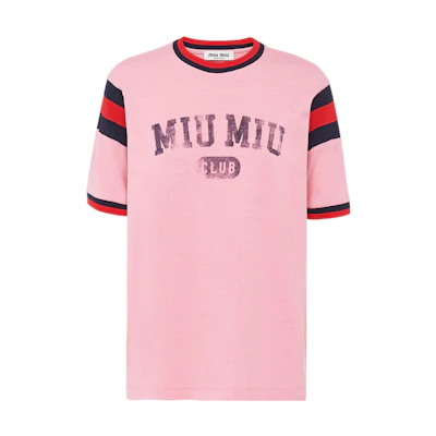 (Women) MIU MIU Pink Logo Print Striped Detail Crew Neck T-Shirt SS22. MJN395-11EE-F0638