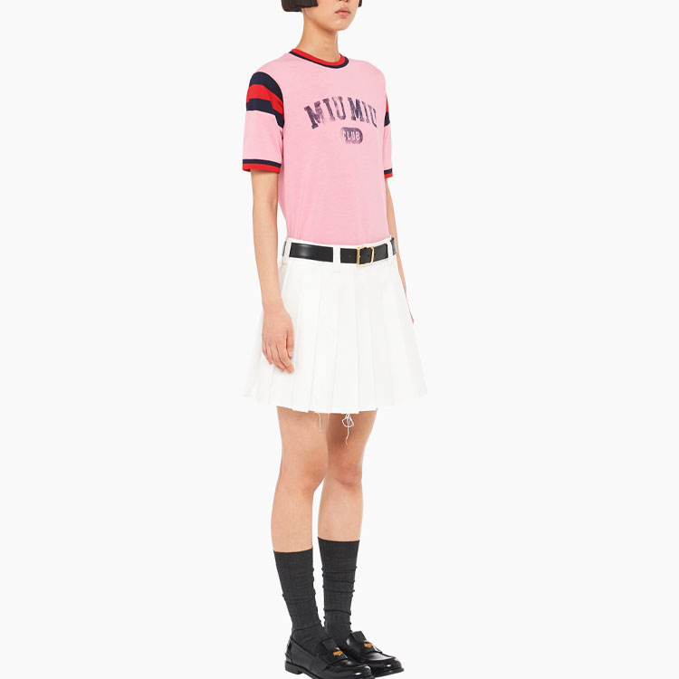 Purchase (W) ミュウミュウ ピンク ロゴプリント ストライプ クルーネック Tシャツ SS22 MJN395-11EE-F0638