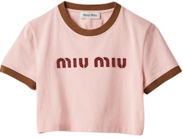 (Women) MIU MIU Pink Logo Printed Short Sleeve Crop T-Shirt SS24 Casual Tee. MJN519-115L-F03Q0-S-OOO (Women) MIU MIU Pink Logo Printed Short Sleeve Crop T-Shirt SS24 Casual Tee. MJN519-115L-F03Q0-S-OOO