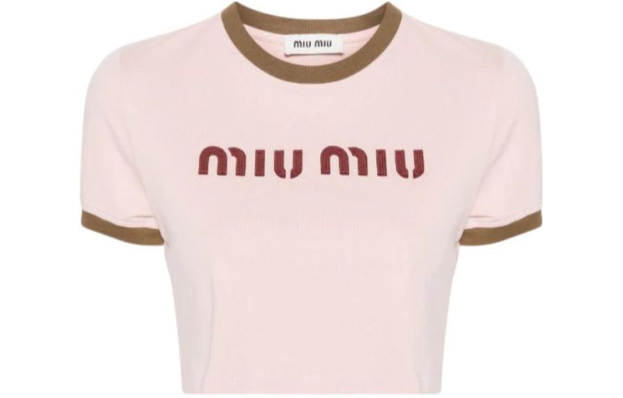 Order (W) MIU MIU粉紅Logo印花短袖短版T恤SS24休閒上衣 MJN519-115L-F03Q0-S-OOO