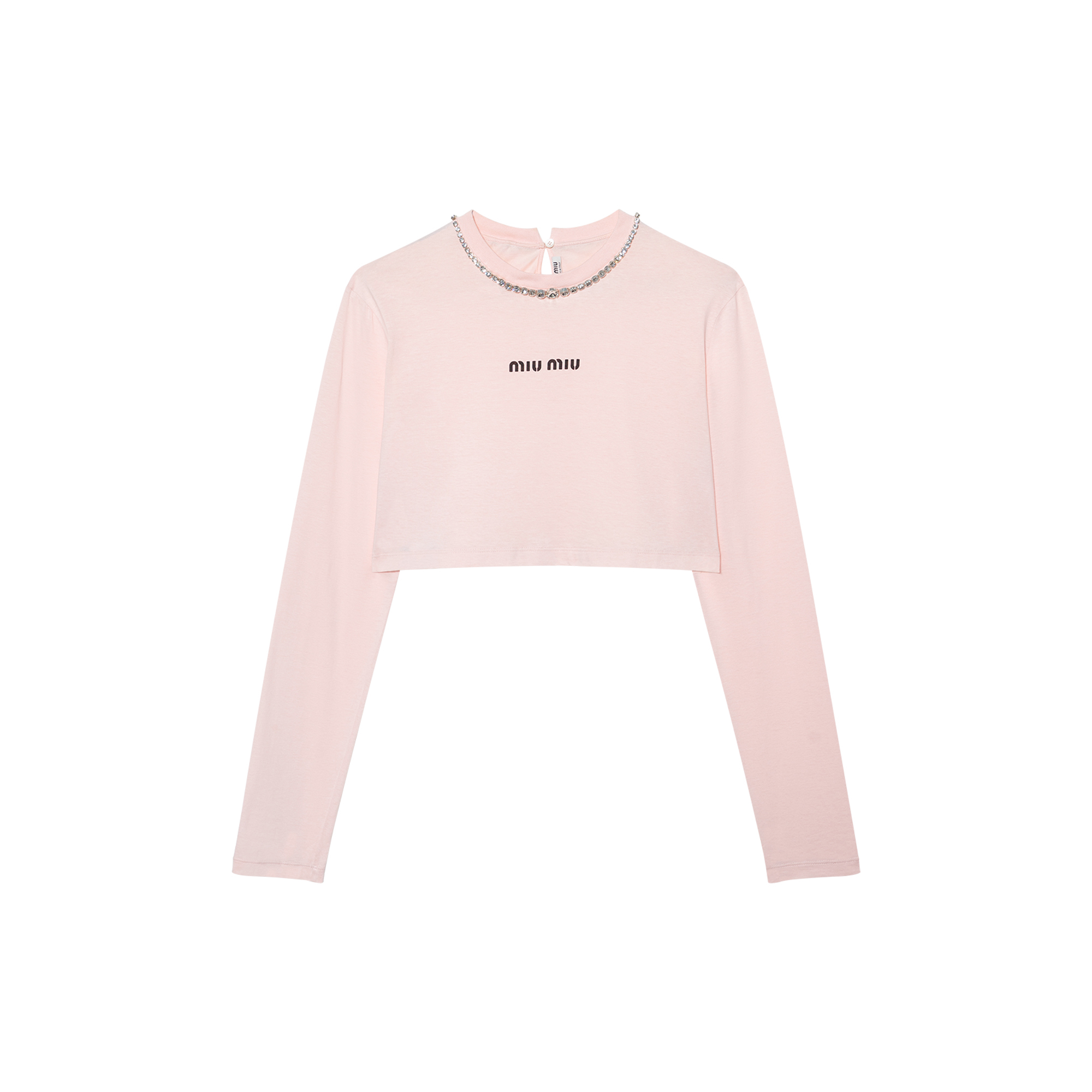 (Women) MIU MIU  Pink Long Sleeve T-Shirt with Crystal Letter Detailing. MJL732-10OO-F0E18