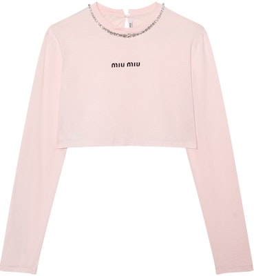 (Women) MIU MIU Pink Long Sleeve T-Shirt with Crystal Letter Detailing. MJL732-10OO-F0E18 Buy (Women) MIU MIU Pink Long Sleeve T-Shirt with Crystal Letter Detailing. MJL732-10OO-F0E18