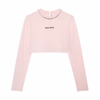 (Women) MIU MIU Pink Long Sleeve T-Shirt with Crystal Letter Detailing. MJL732-10OO-F0E18