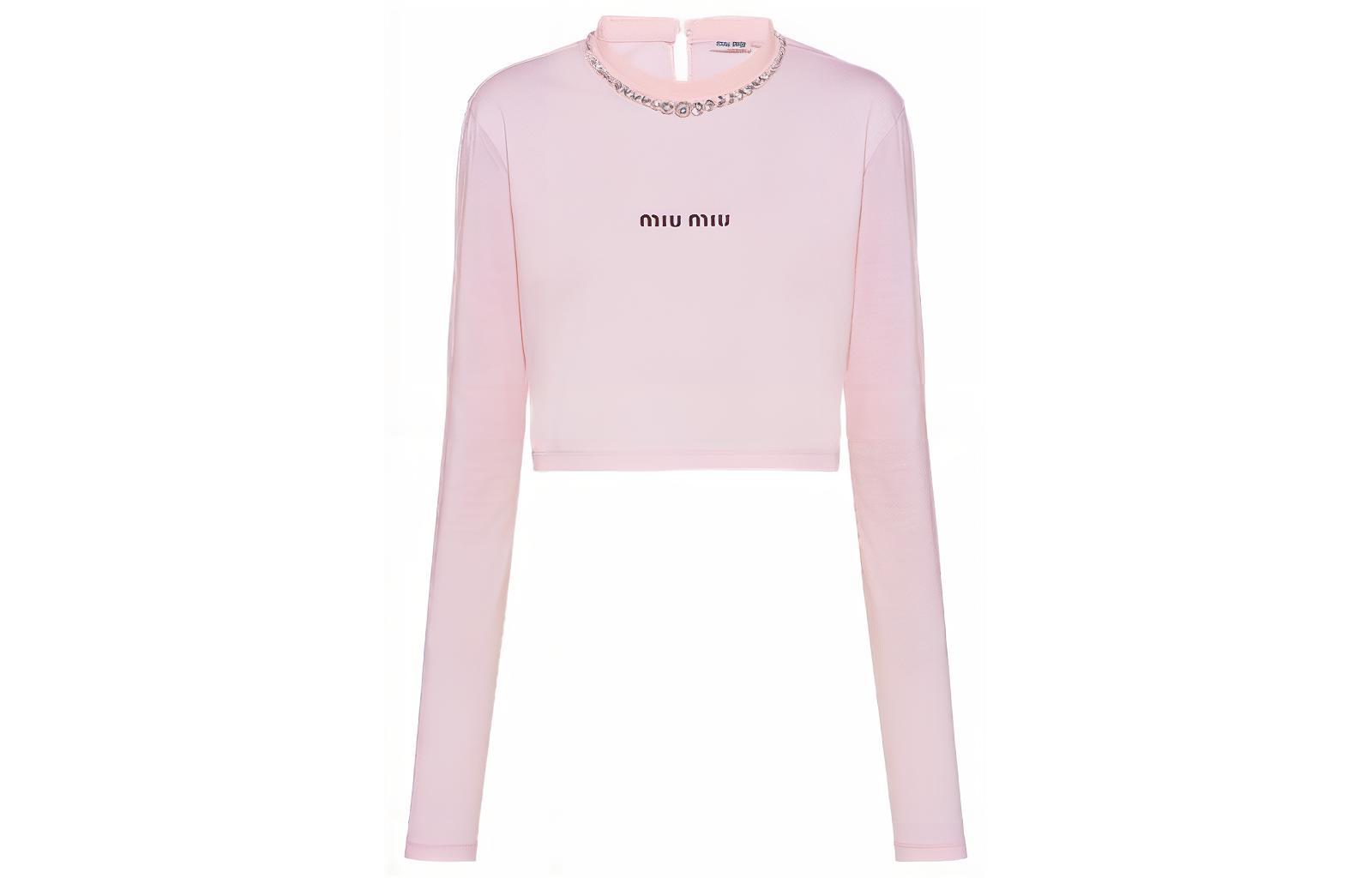 Order (Women) MIU MIU  Pink Long Sleeve T-Shirt with Crystal Letter Detailing. MJL732-10OO-F0E18